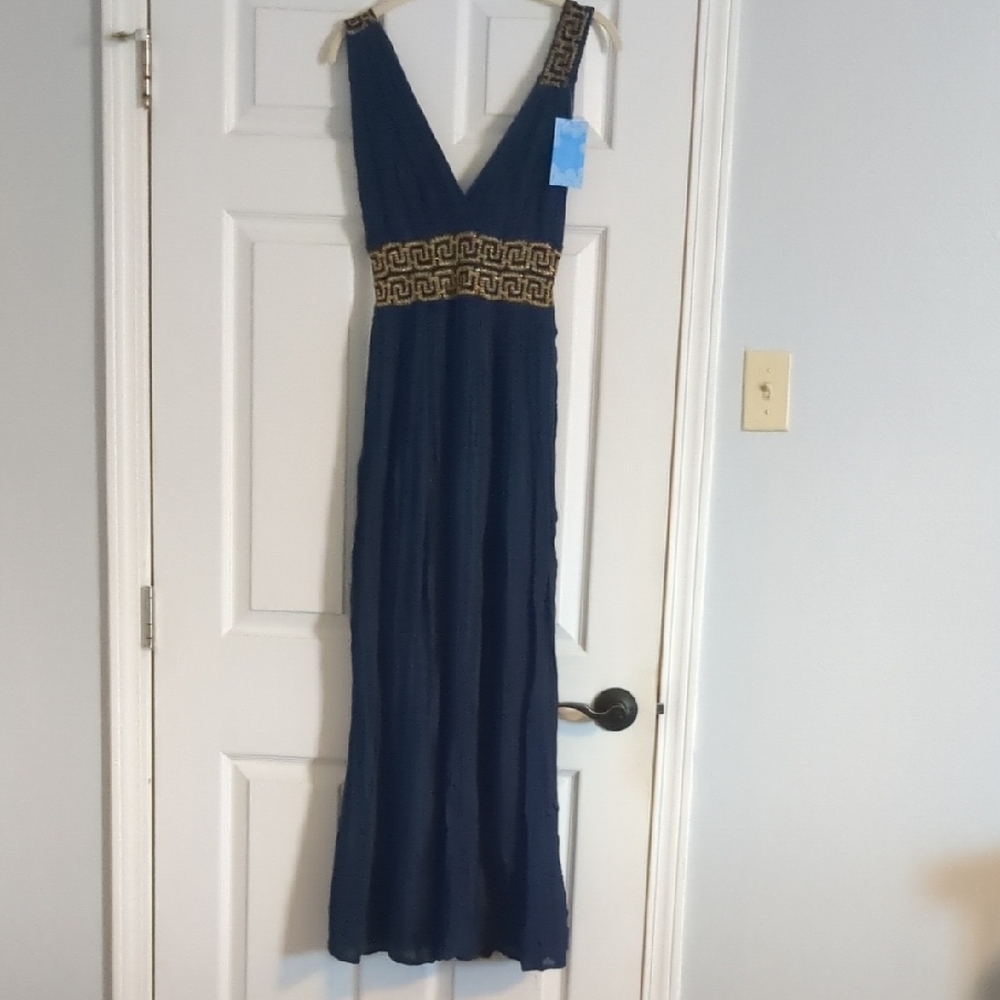 Chic Navy Maxi Dress with Gold Detailing